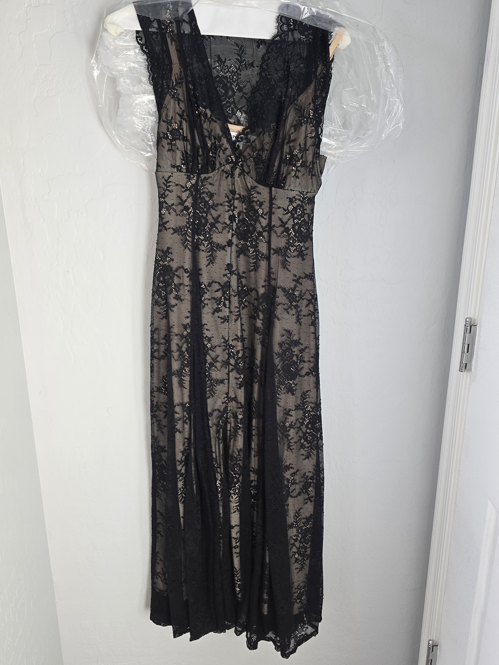 Black Lace Midi Dress with Nude Lining - Women's Elegant Evening Dress